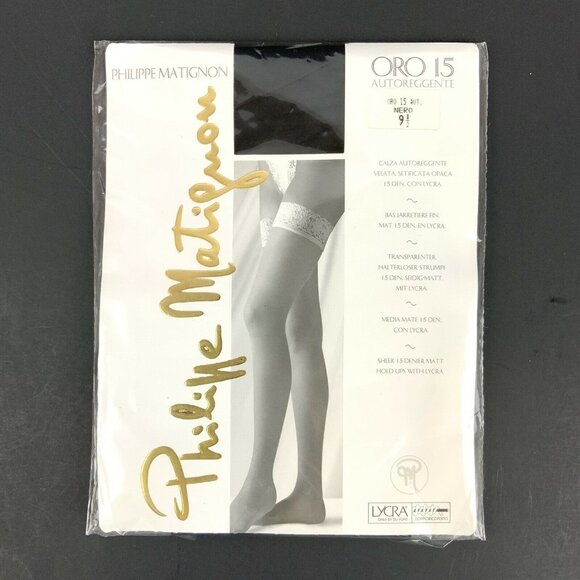Philippe Matignon Oro 15 Denier Thigh High Hold Ups Size 9.5 Black Lace Top - Picture 1 of 4
